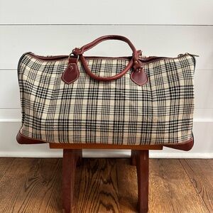 Vintage 5/A Baker Plaid Duffle w/ brown leather accents 20”x14” Unisex